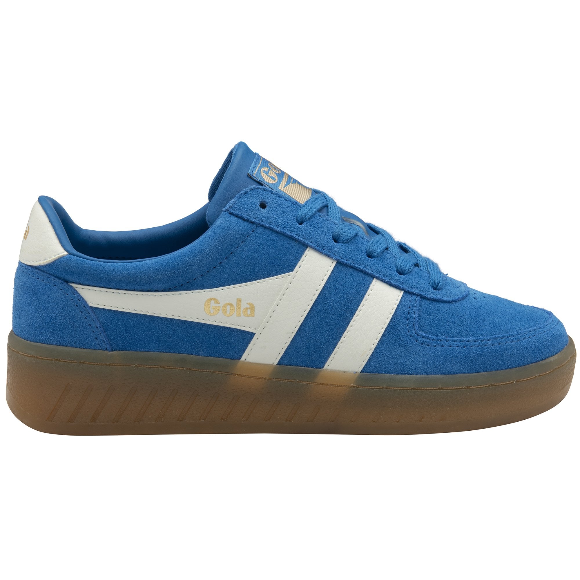 Blue Gola women's sneaker with white stripes on a brown sole. 