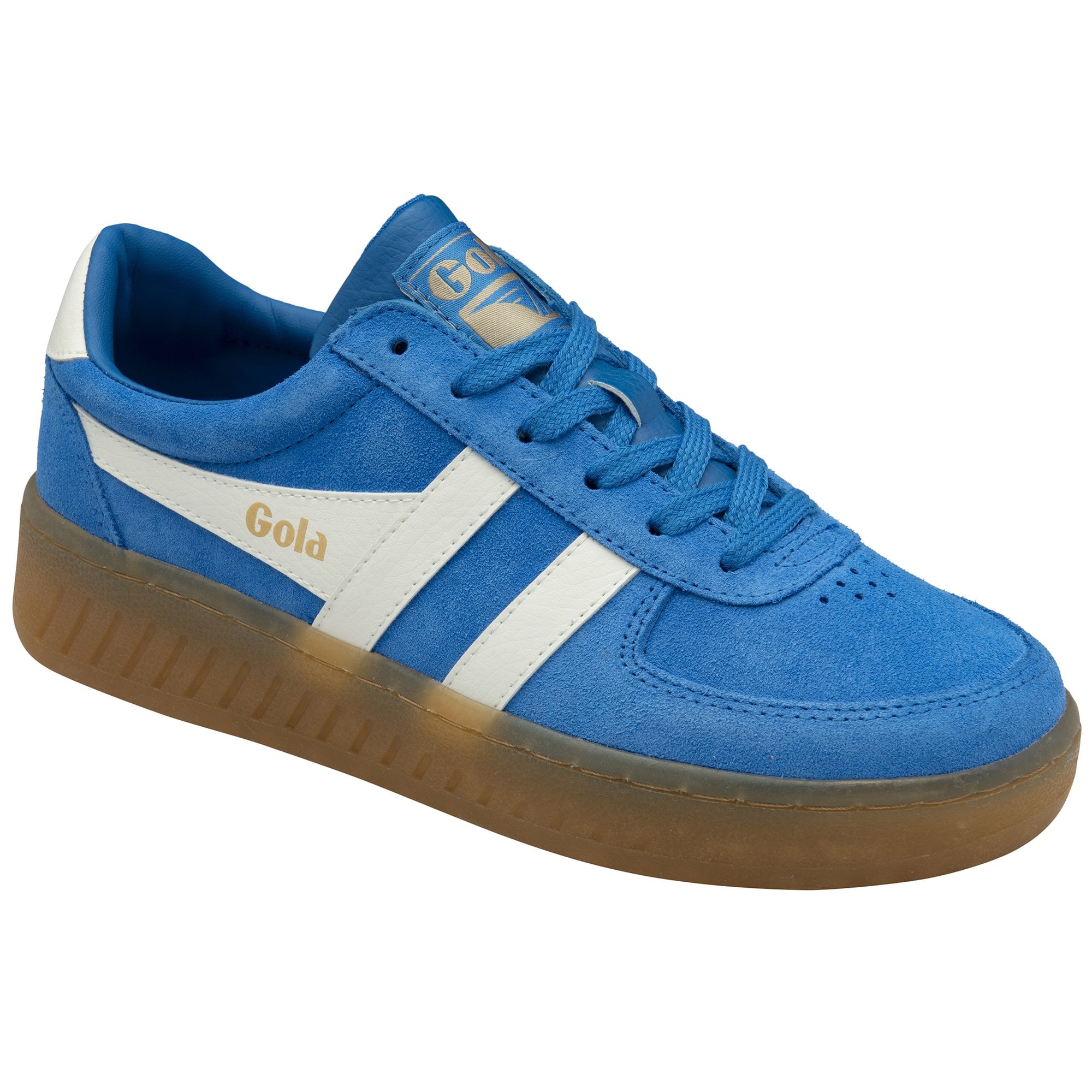 Blue Gola women's sneaker with white stripes on a brown sole. 