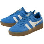 Pair of blue Gola women's sneakers with white stripes and brown soles. 