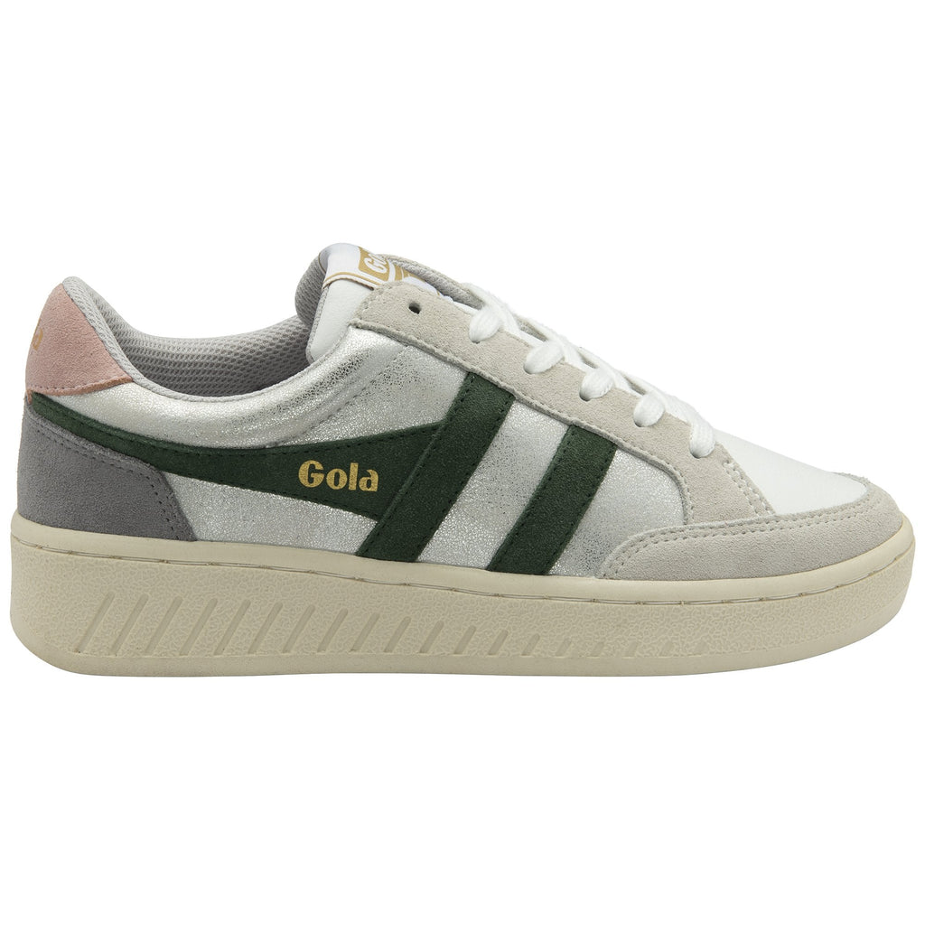 A single white and green Gola sneaker with a pink heel tab, viewed from the side.