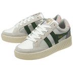 A pair of white and green Gola sneakers with pink heel tabs, angled slightly.