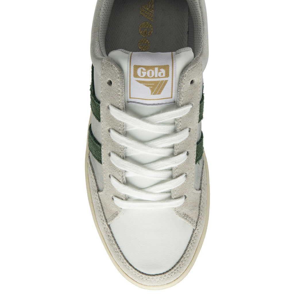 The top-down view of a single white and green Gola sneaker with white laces.