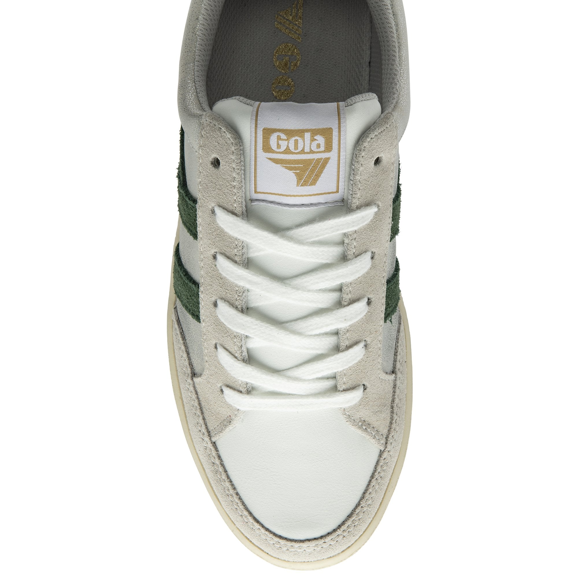 The top-down view of a single white and green Gola sneaker with white laces.
