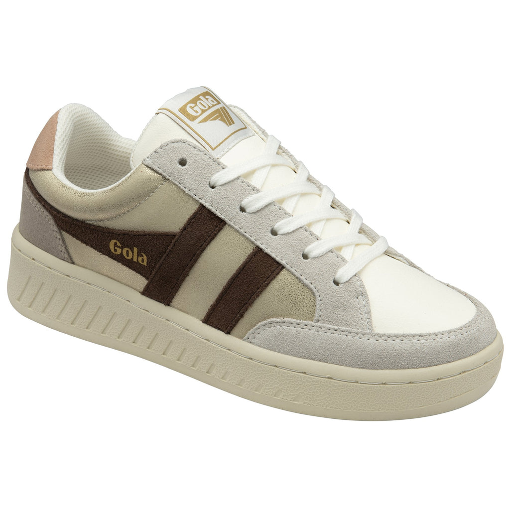 Angled side view of a Gola women's low-top sneaker in white, tan, and brown.