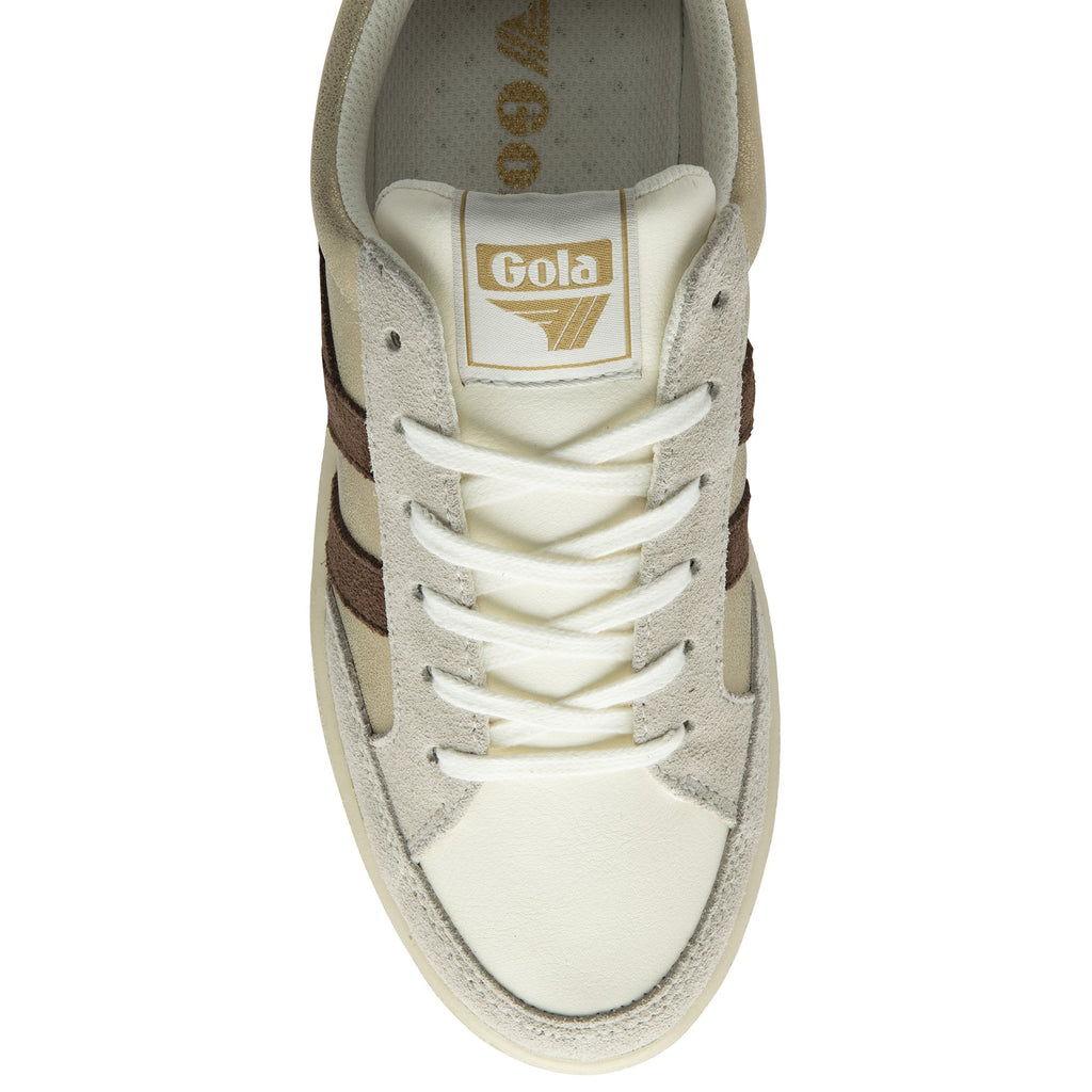 Top-down view of a Gola women's low-top sneaker in white, tan, and brown.