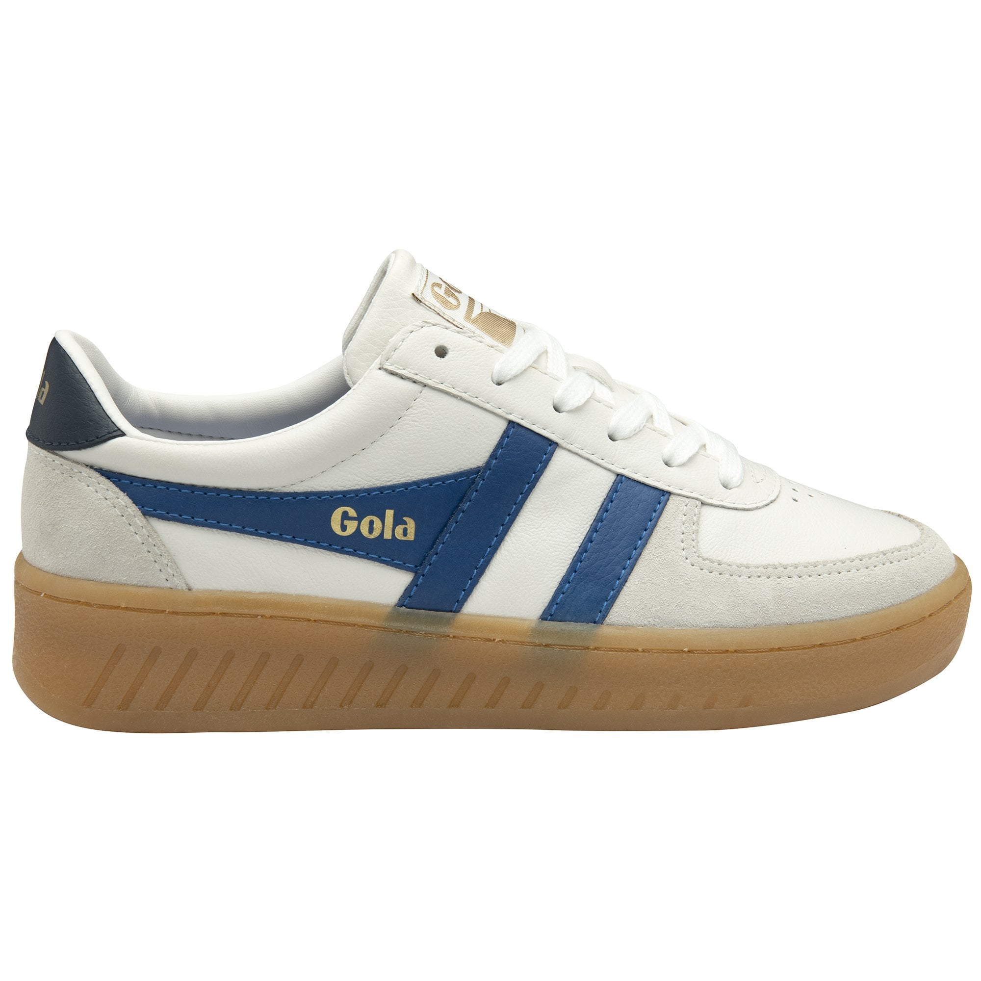 A single white Gola sneaker with blue stripes and a brown sole, side view.