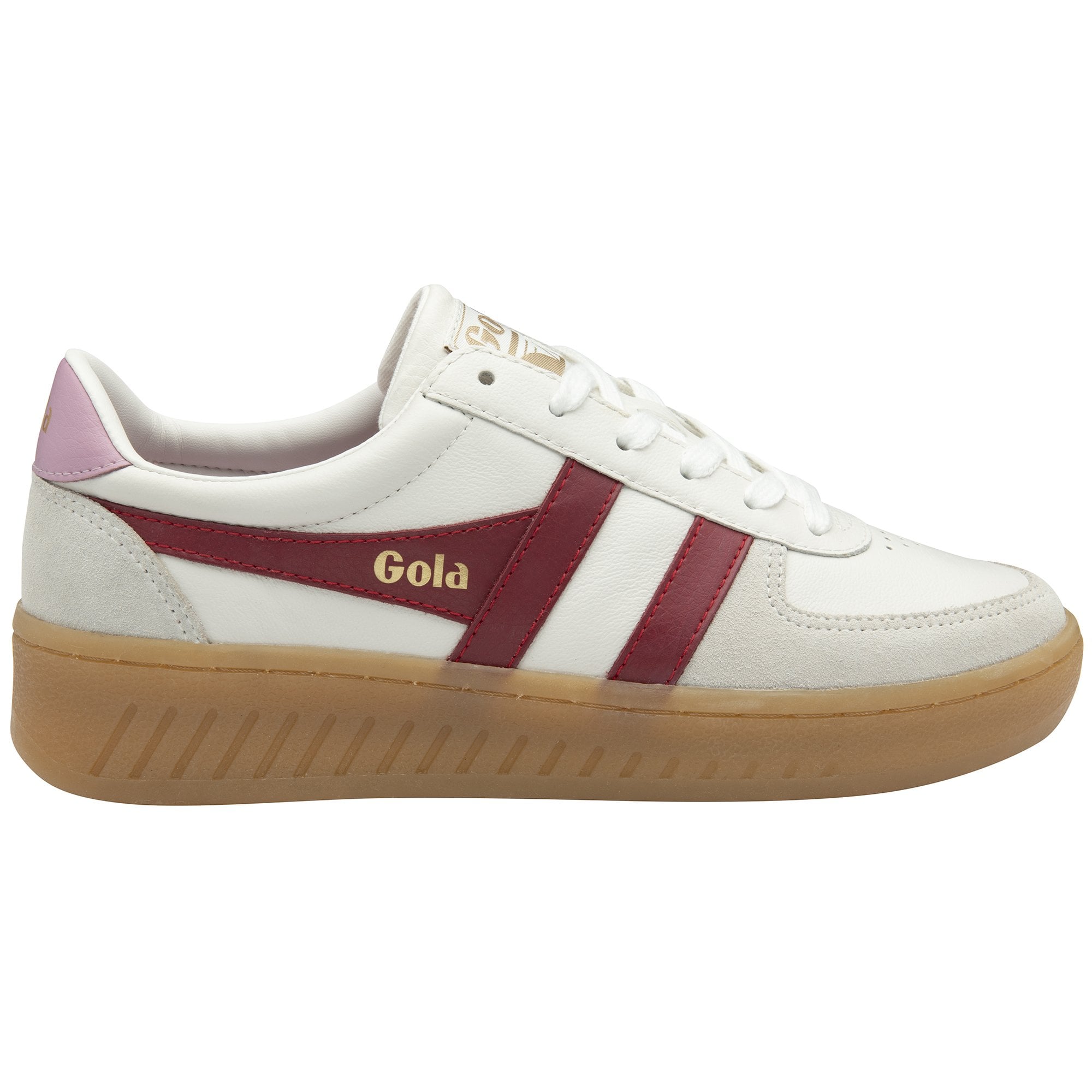 Side profile of a white and red Gola sneaker with a gum sole and pink heel tab.
