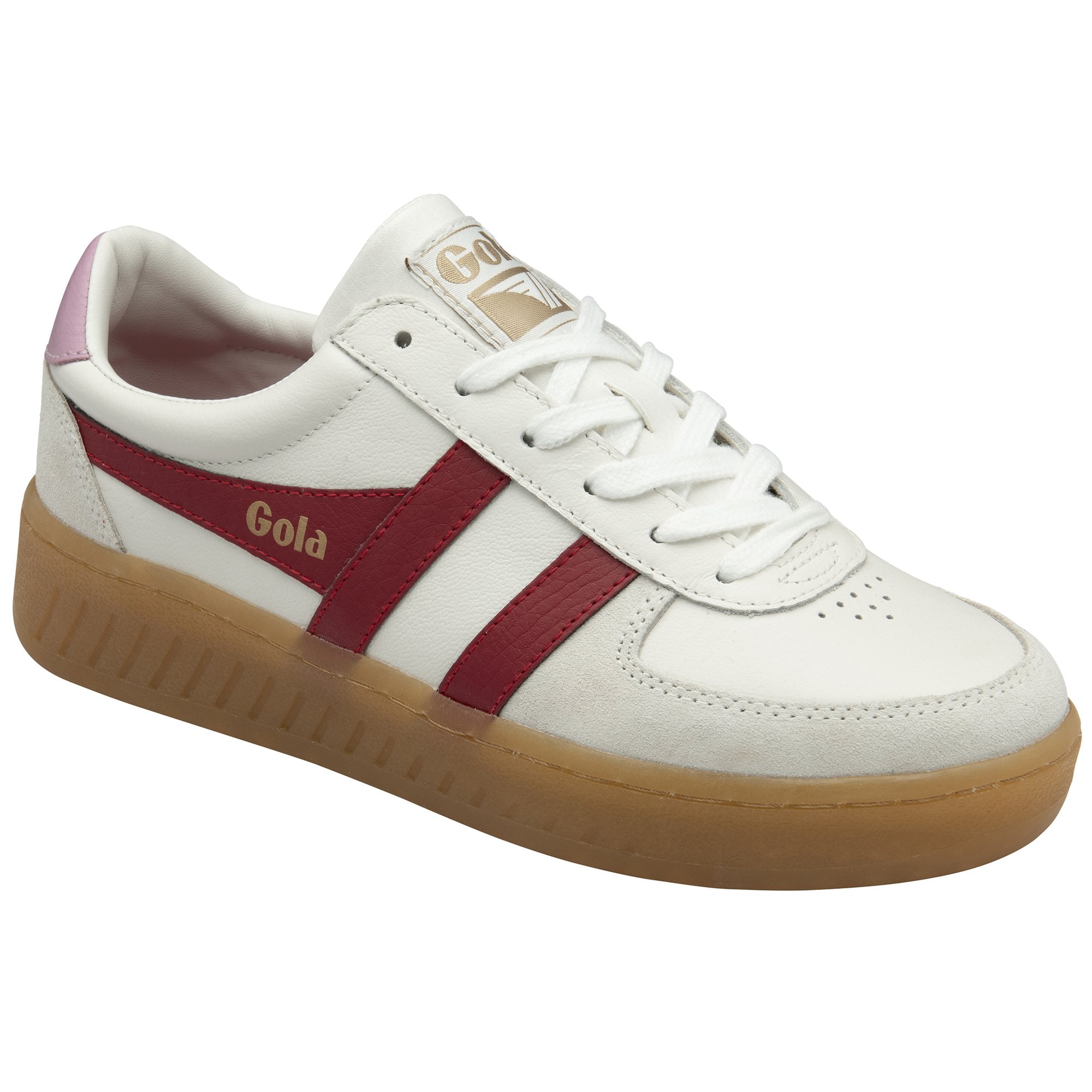 Angled side view of a white Gola sneaker with red stripes, gum sole, and pink heel detail.