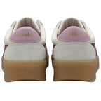 Rear view of a pair of white Gola sneakers with pink heel tabs and gum soles.