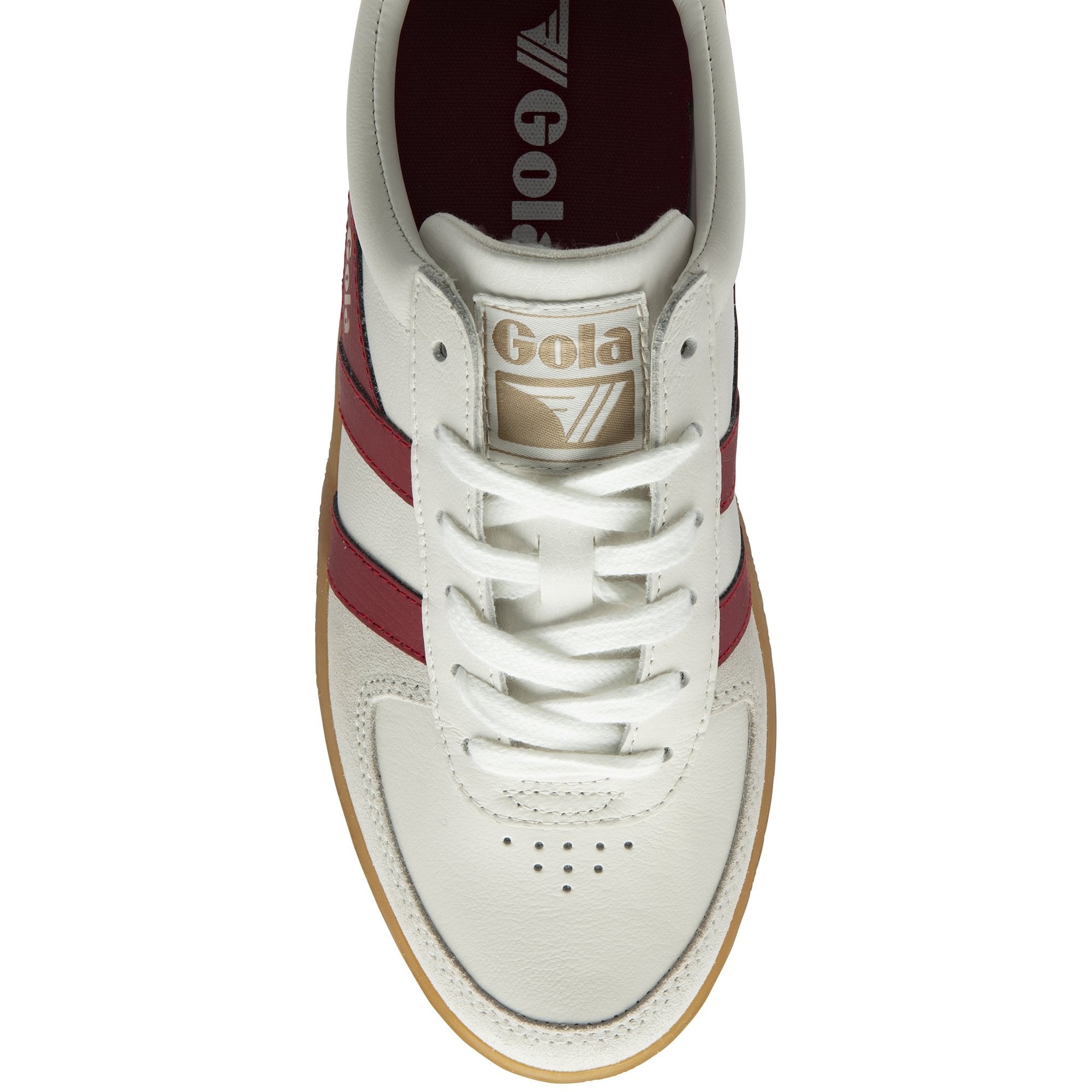 Top-down view of a white Gola sneaker with red stripes, white laces, and a gum sole.