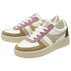 A pair of white Gola sneakers with gold, brown, and pink accents.