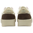 The back view of a pair of white Gola sneakers with brown and gold details.
