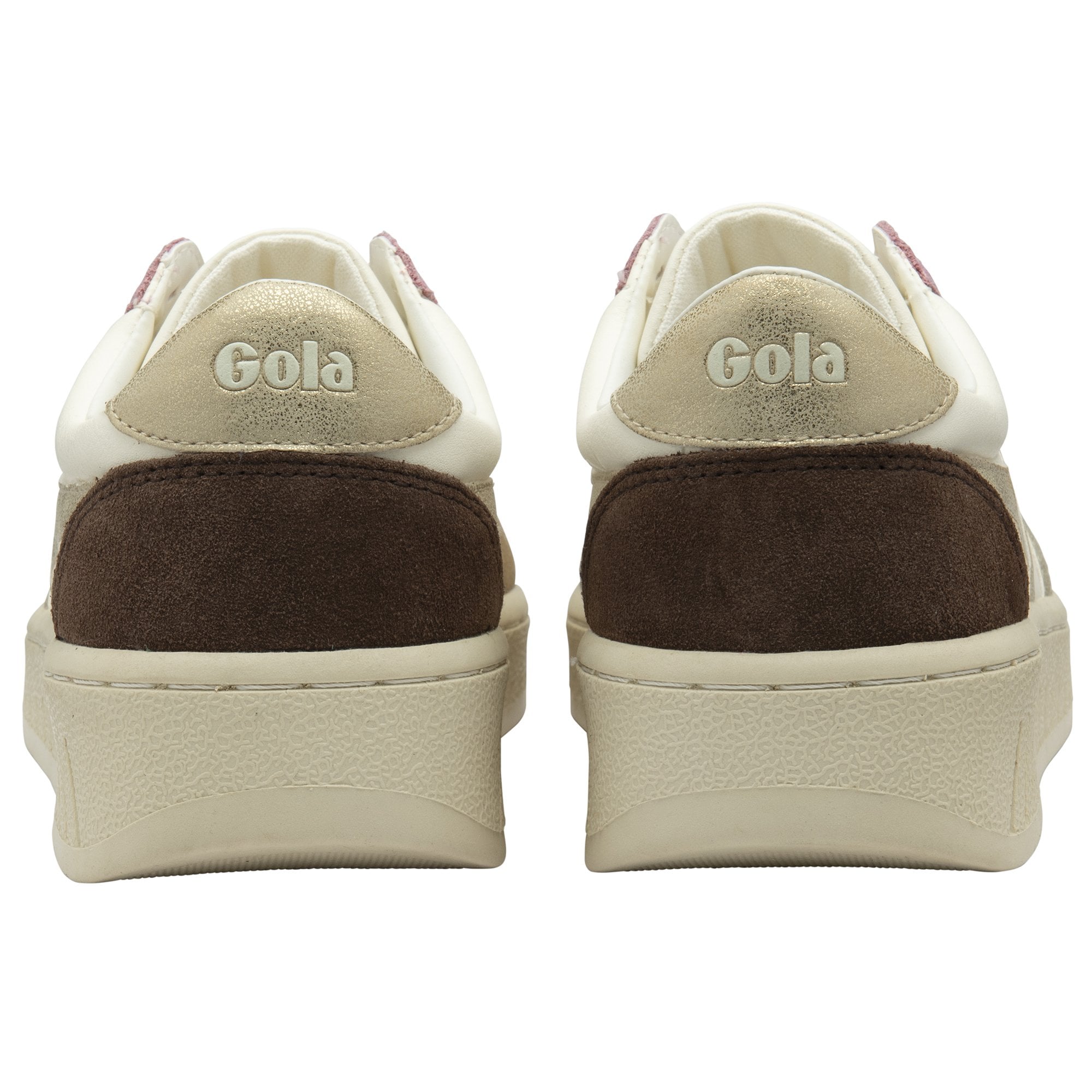 The back view of a pair of white Gola sneakers with brown and gold details.
