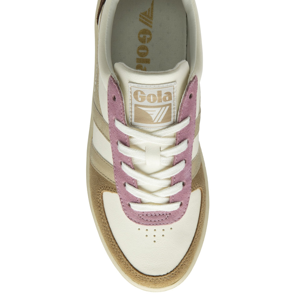 Top-down view of a white Gola sneaker with gold, brown, and pink accents.