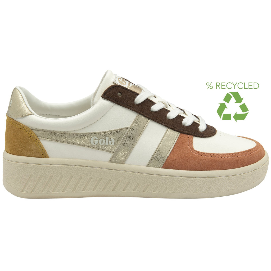 A recycled women's Gola sneaker in white with brown, gold, and peach accents.