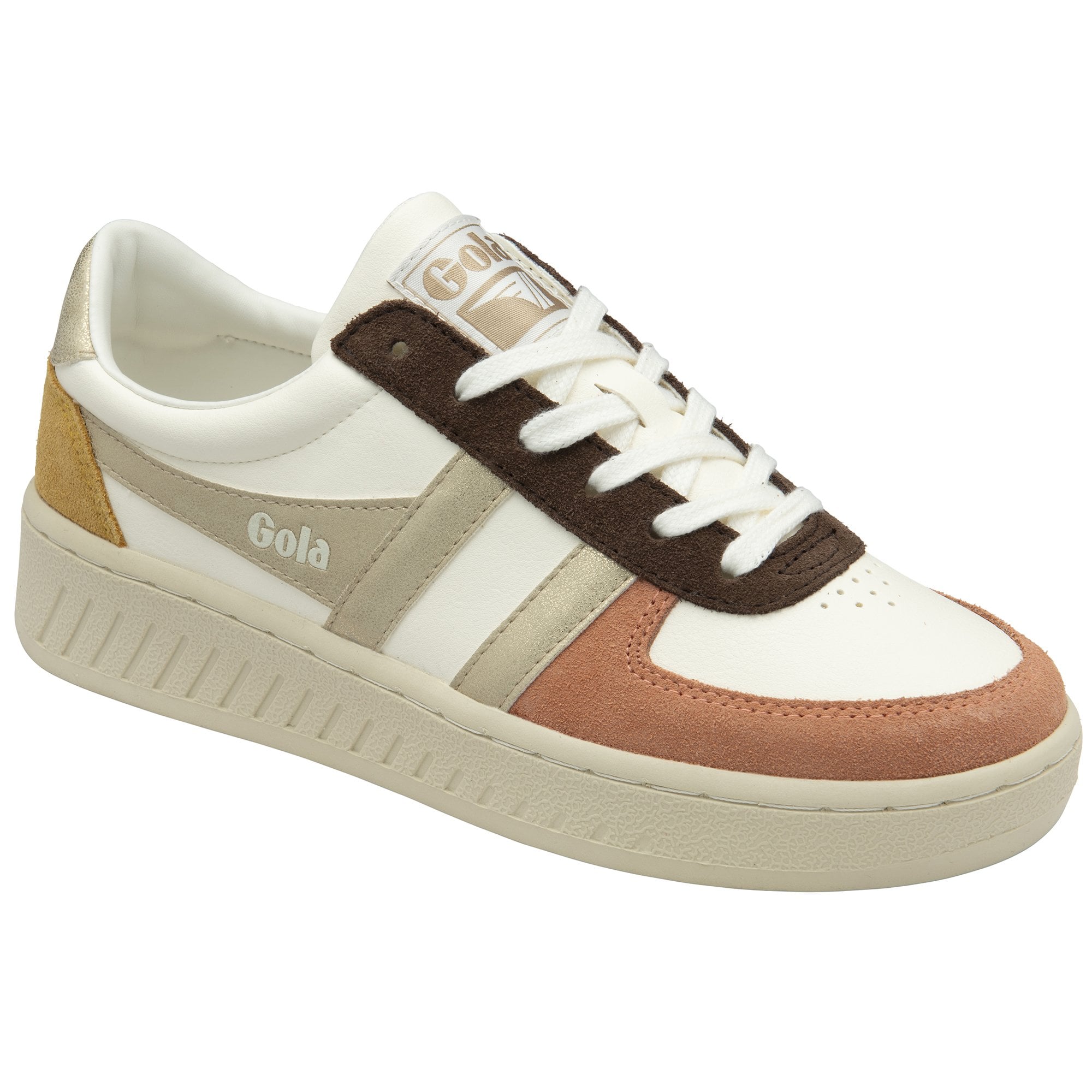 A single Gola women's trainer, white with brown, gold, and peach accents.