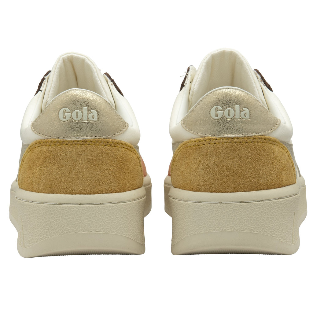 Rear view of a pair of women's Gola sneakers in white, gold, and brown.