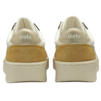 Rear view of a pair of women's Gola sneakers in white, gold, and brown.