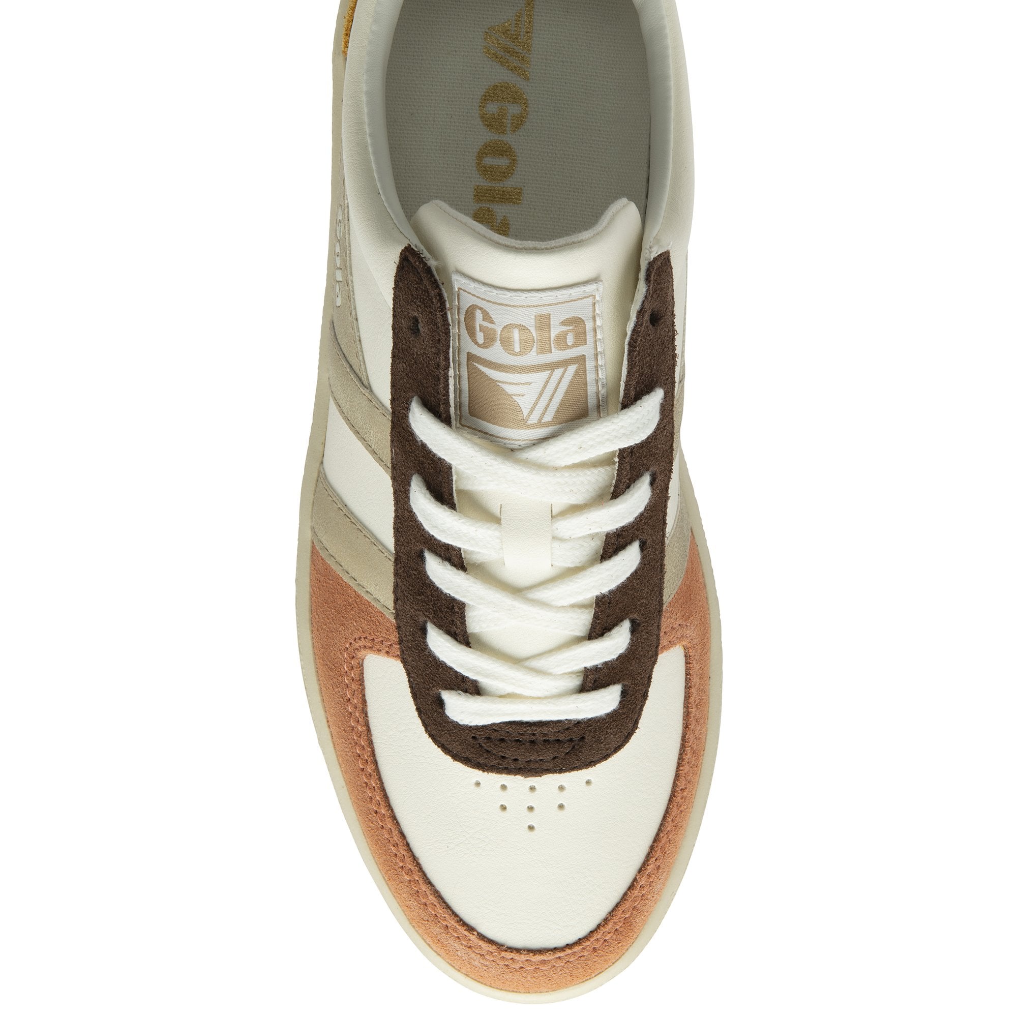 Top-down view of a women's Gola sneaker in white, brown, gold, and peach.