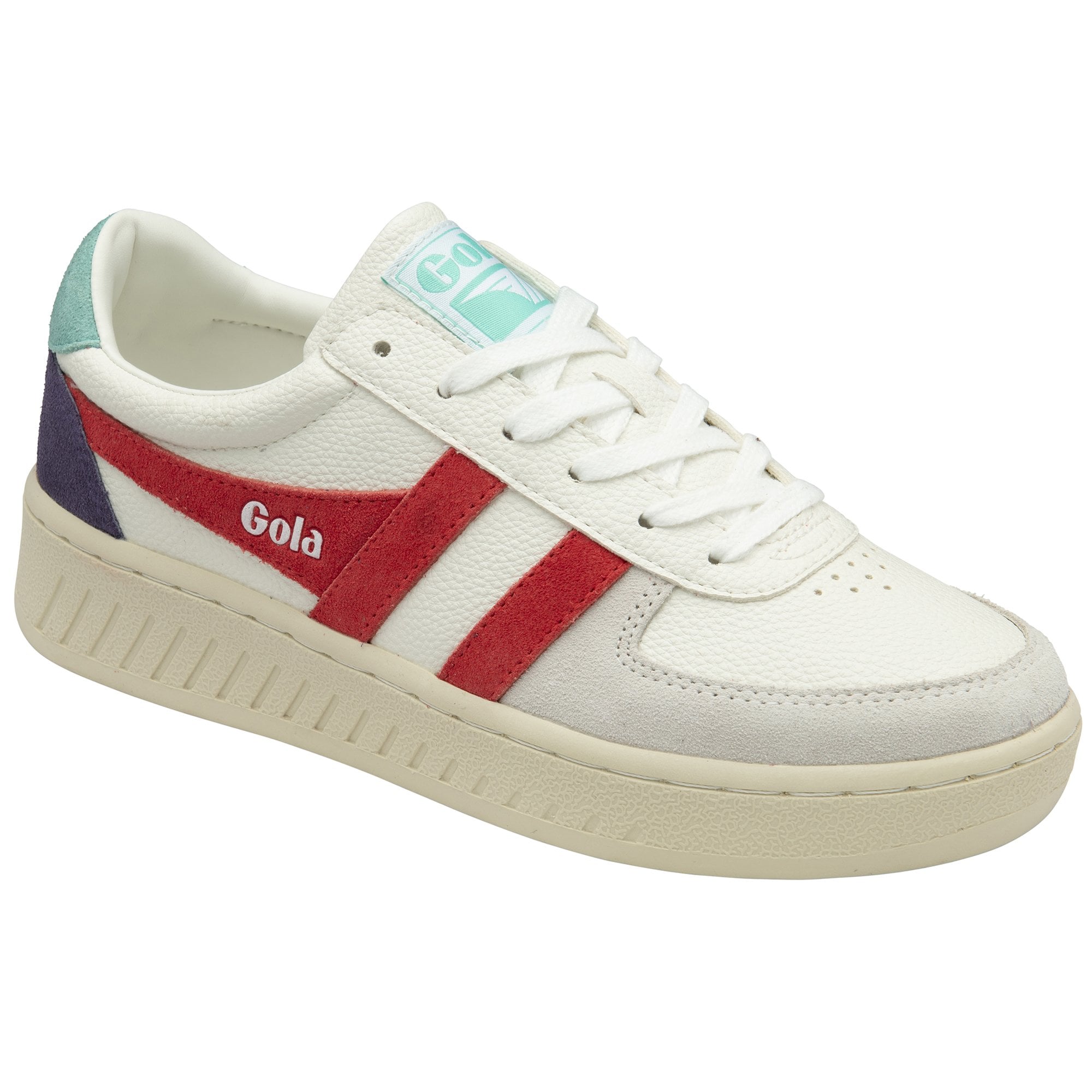 A single Gola sneaker in white with red stripes, purple, and teal accents on a white background.