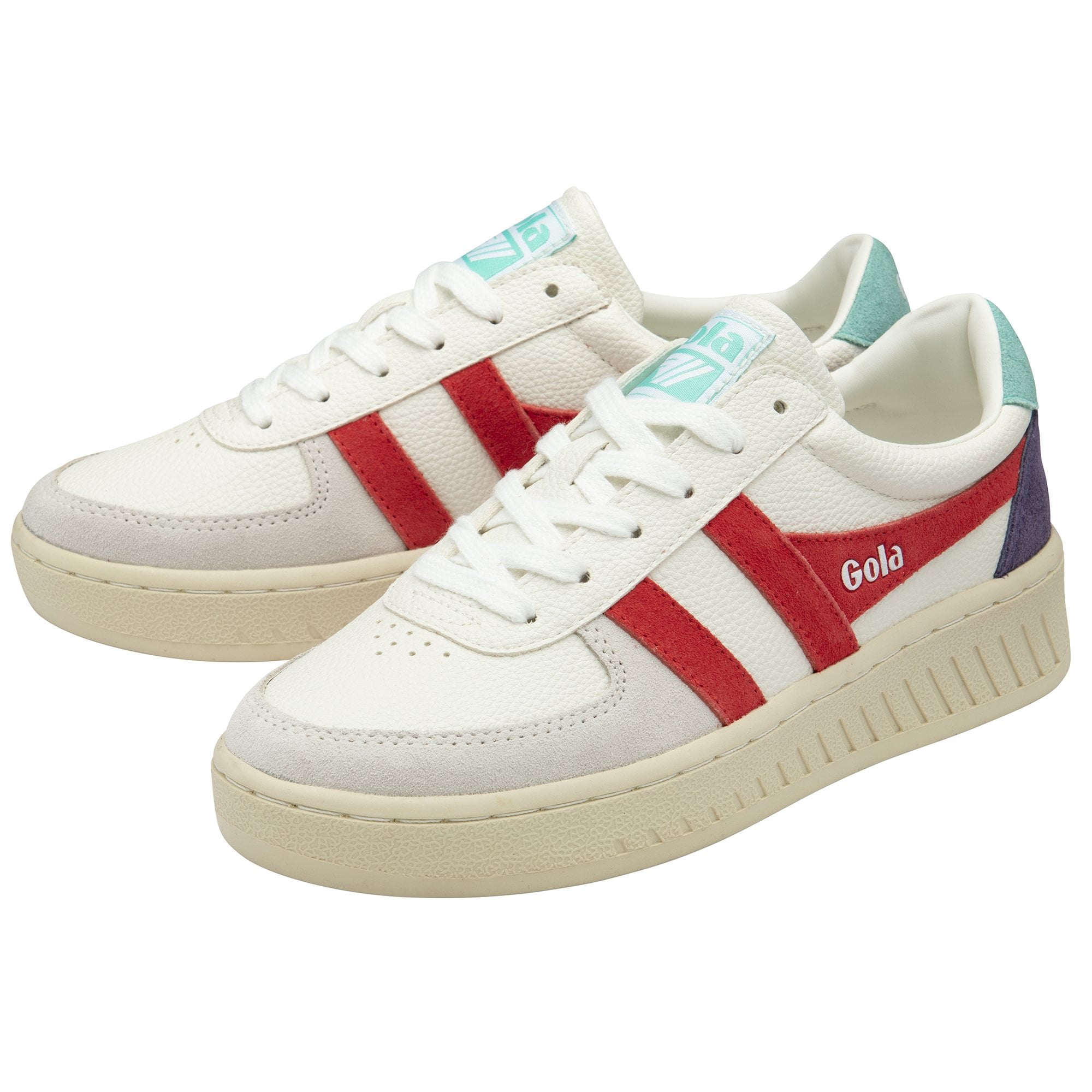 A pair of white Gola sneakers with red stripes and teal and purple accents.