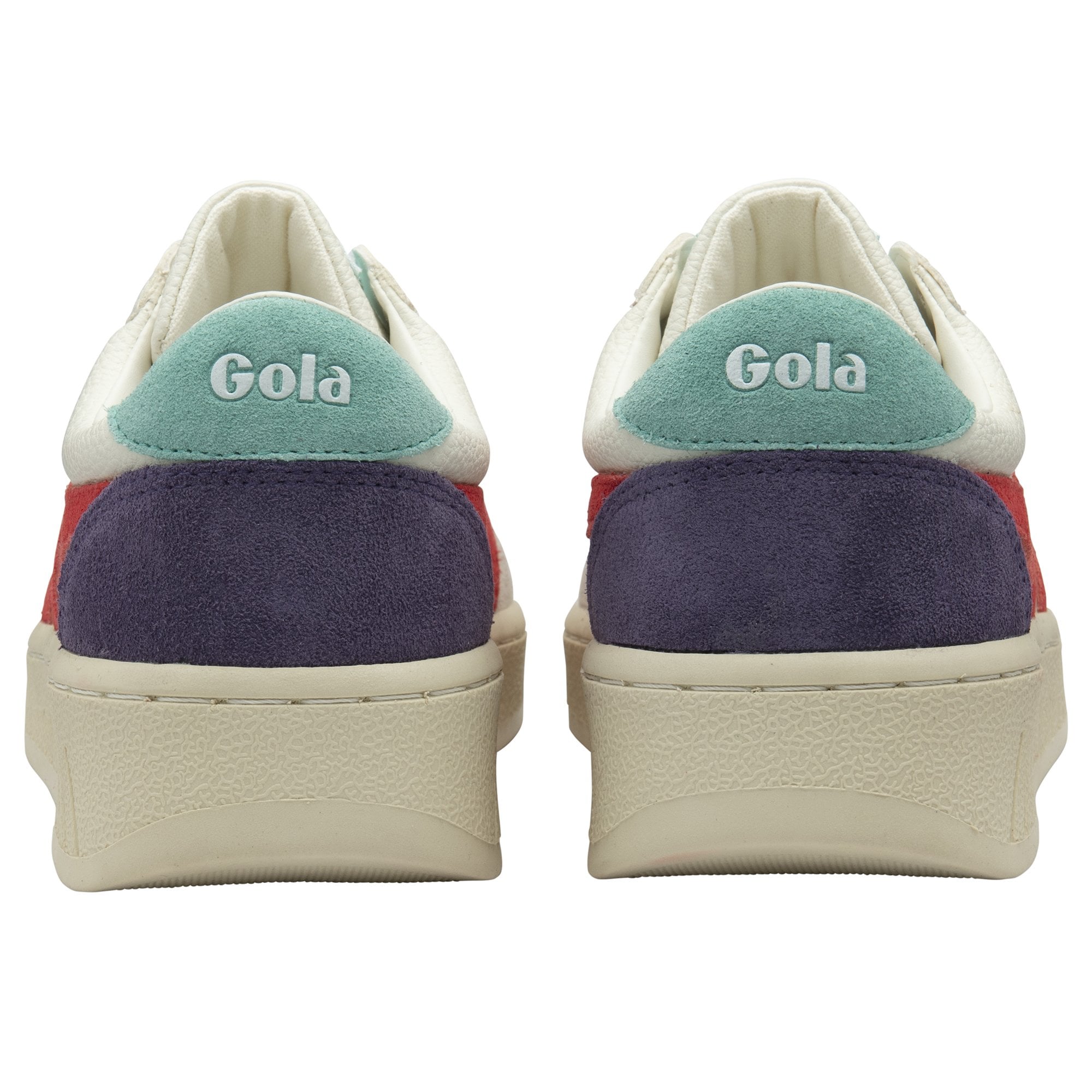 The back view of two Gola sneakers showing teal and purple heel accents.