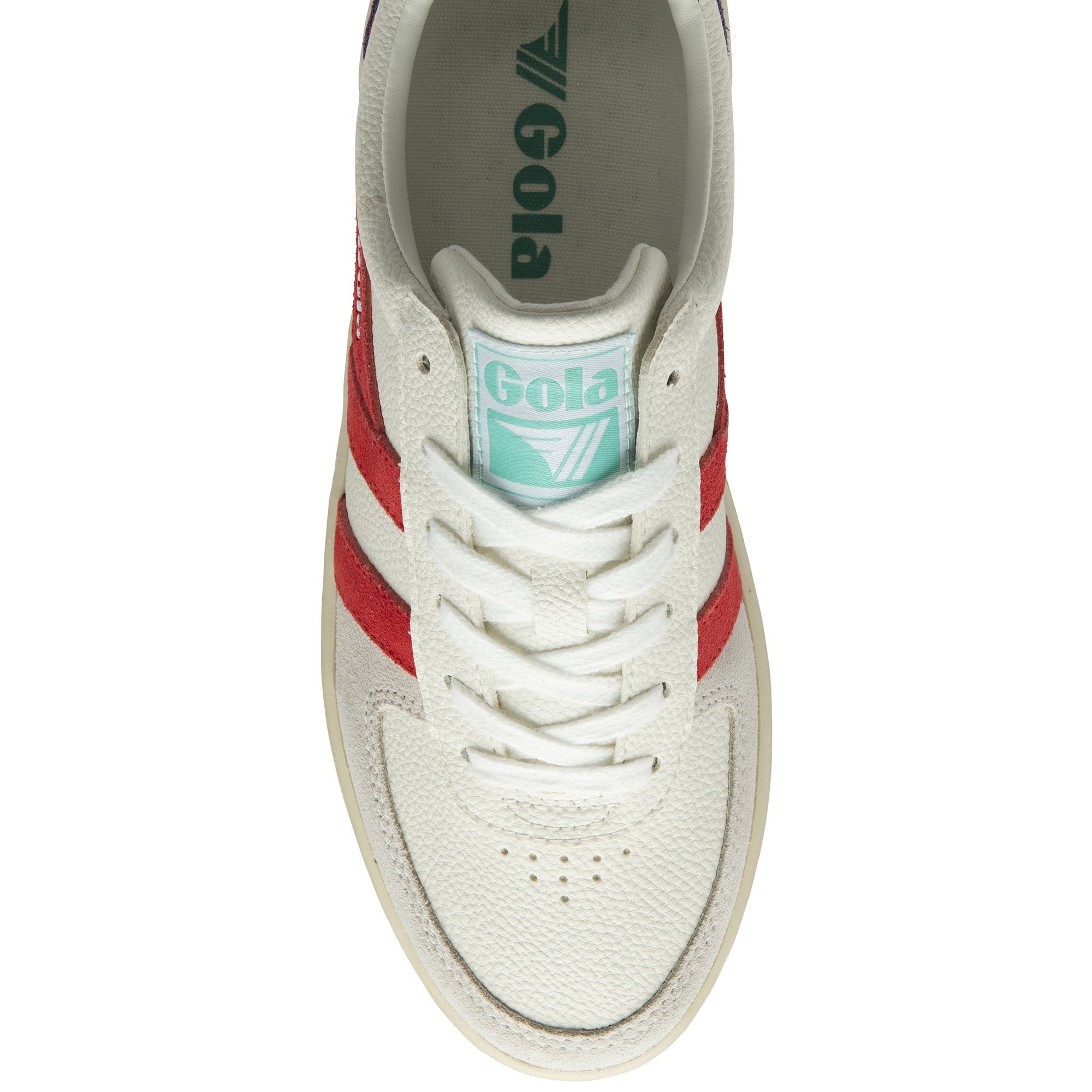 Top-down view of a white Gola sneaker with red stripes and teal logo detail.