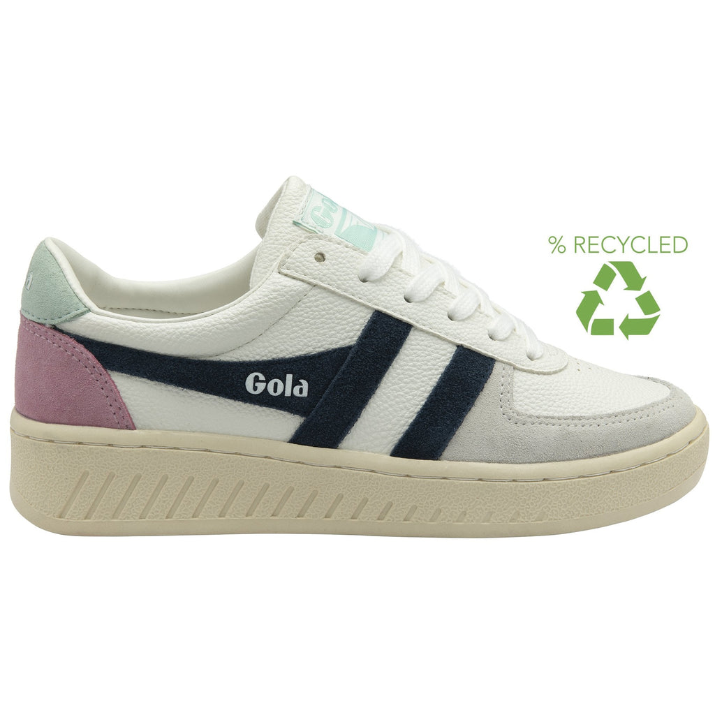 Recycled white Gola trainer with navy stripes and pale pink and blue accents.