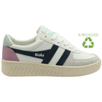 Recycled white Gola trainer with navy stripes and pale pink and blue accents.