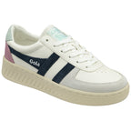 White Gola trainer with navy stripes and pale pink and blue accents, side view.