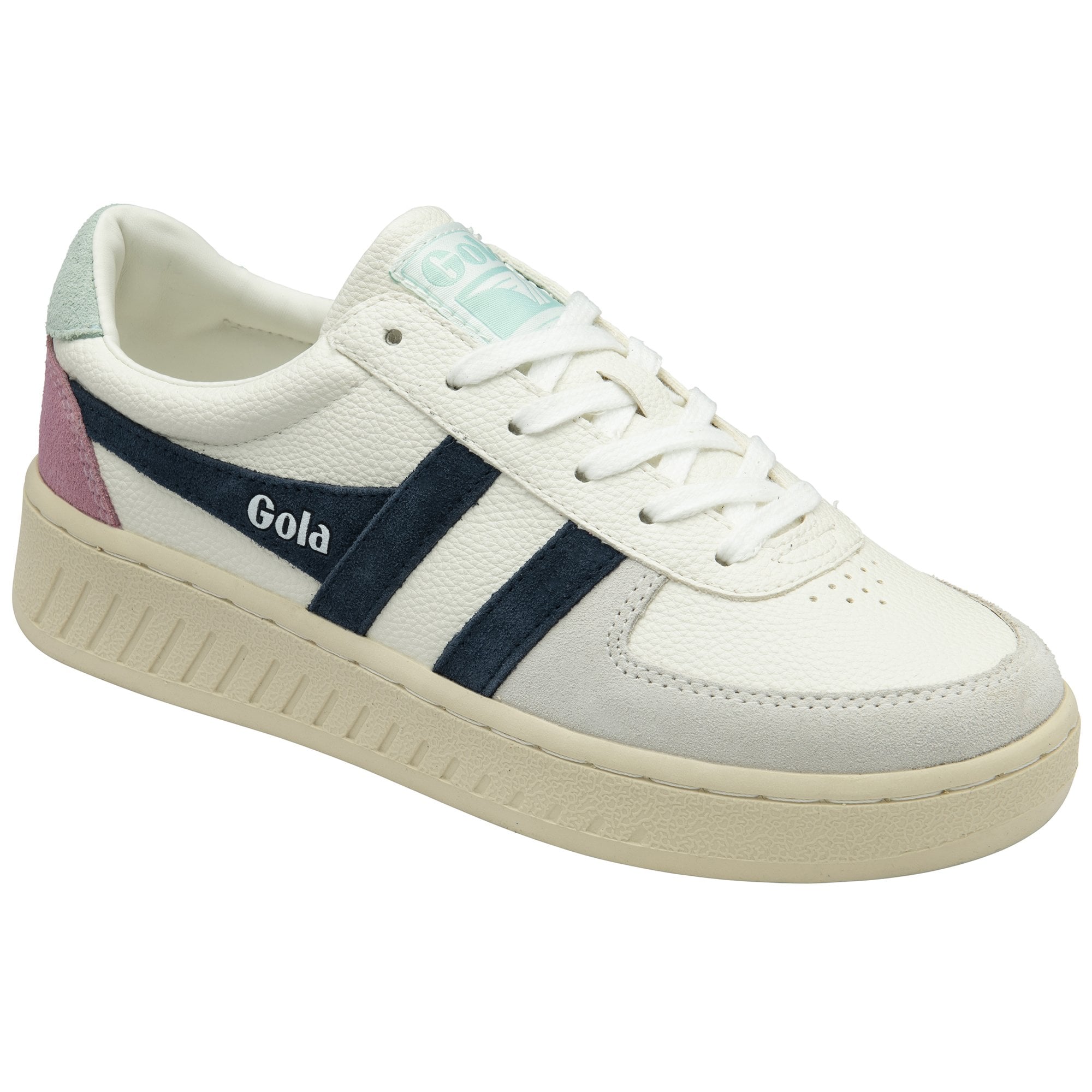 White Gola trainer with navy stripes and pale pink and blue accents, side view.