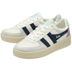 Pair of white Gola trainers with navy stripes and pale pink and blue accents.