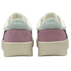 Back view of a pair of white Gola trainers with pale pink and blue accents.