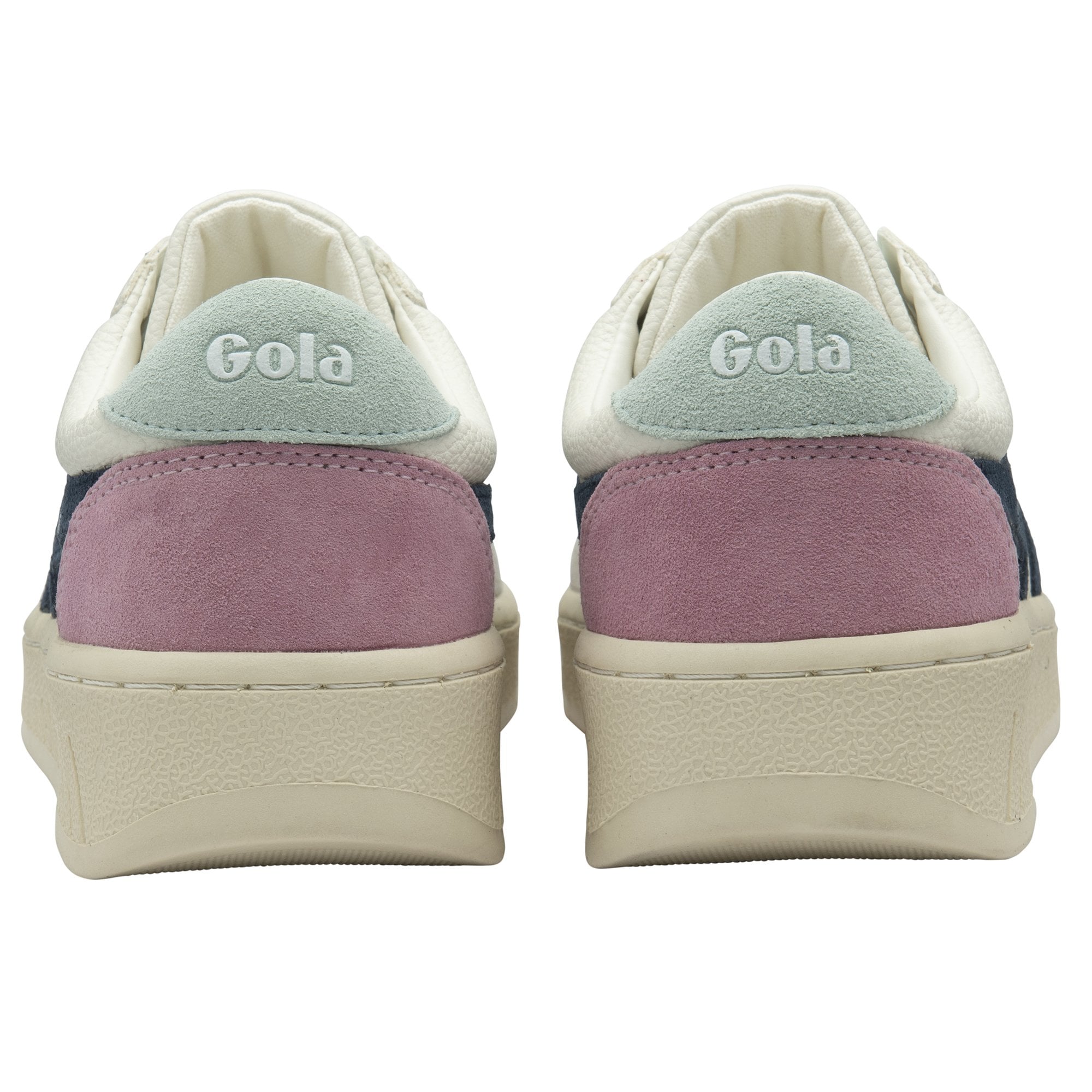 Back view of a pair of white Gola trainers with pale pink and blue accents.