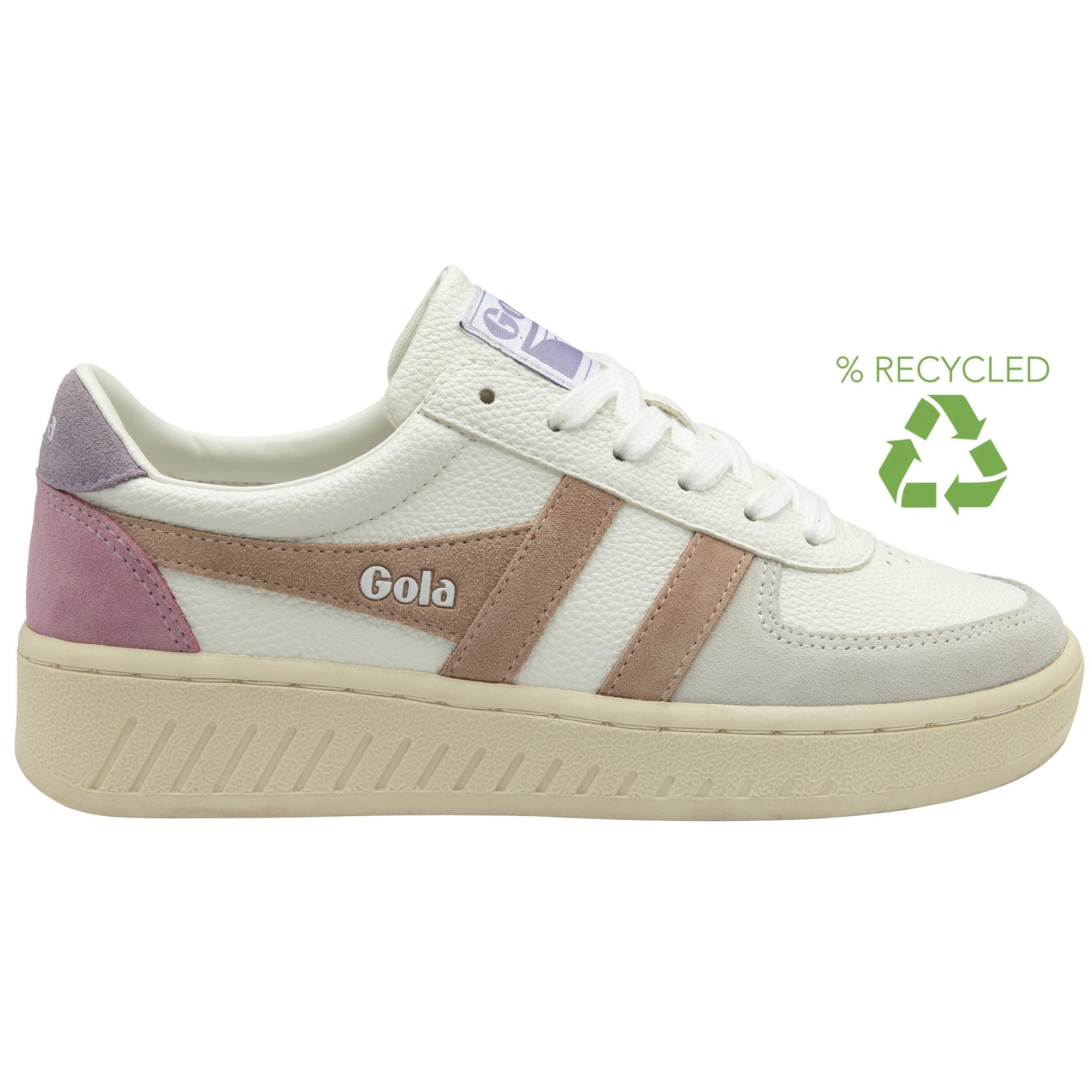 A white Gola sneaker with pink stripes and purple accents, showing a 'recycled' symbol.