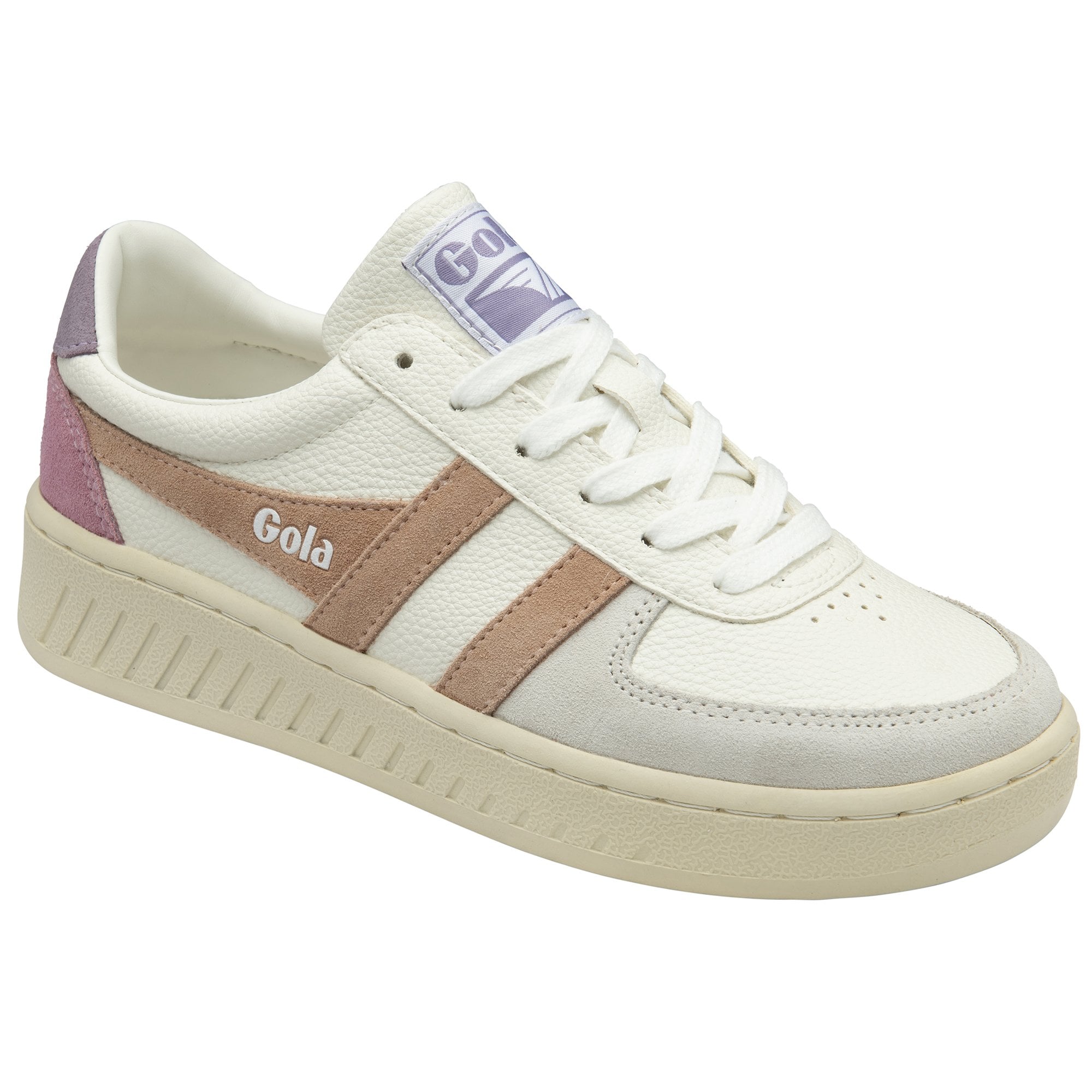 A white Gola sneaker with pink stripes and purple accents, viewed from the side.