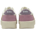 The backs of two white Gola sneakers with purple heel tabs.
