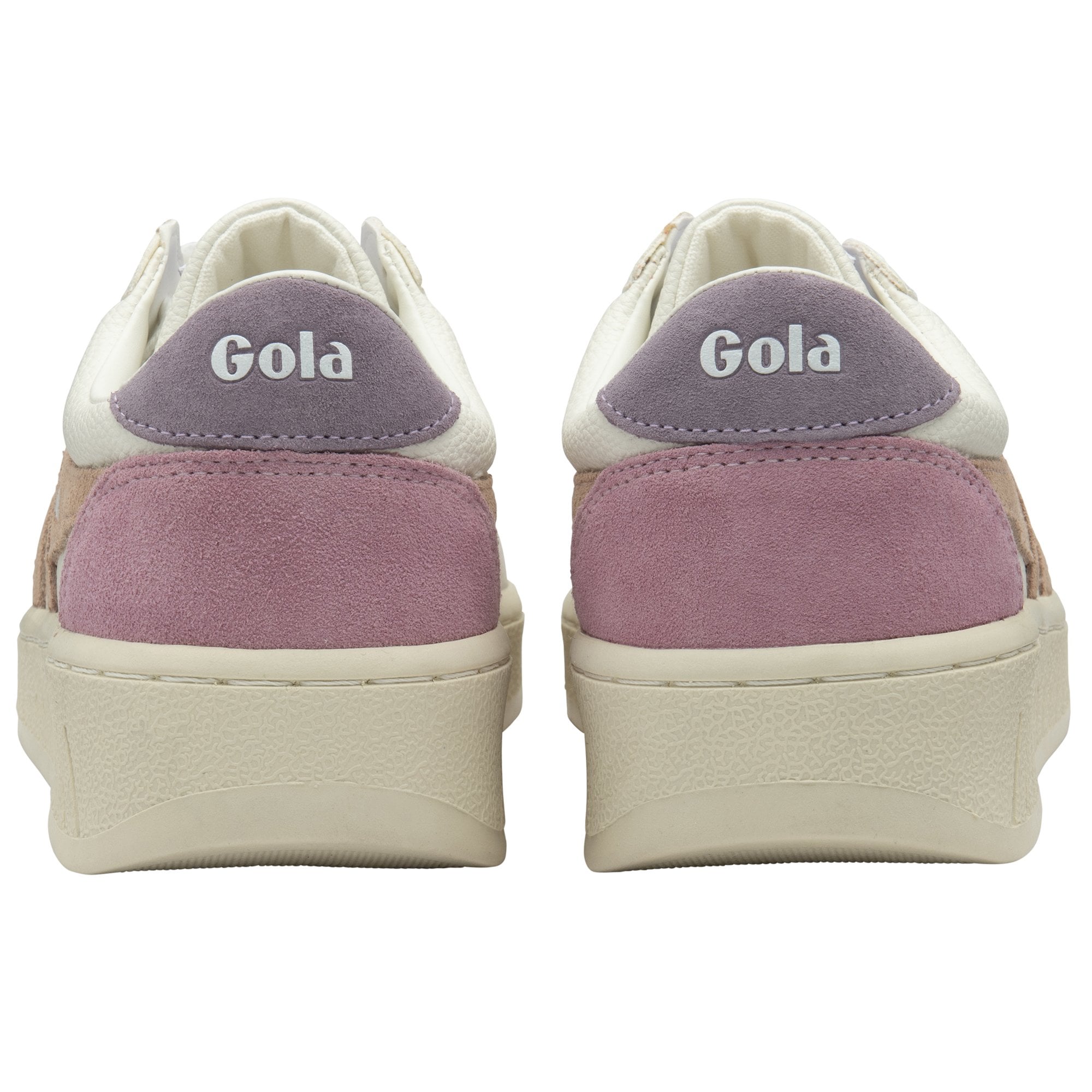 The backs of two white Gola sneakers with purple heel tabs.