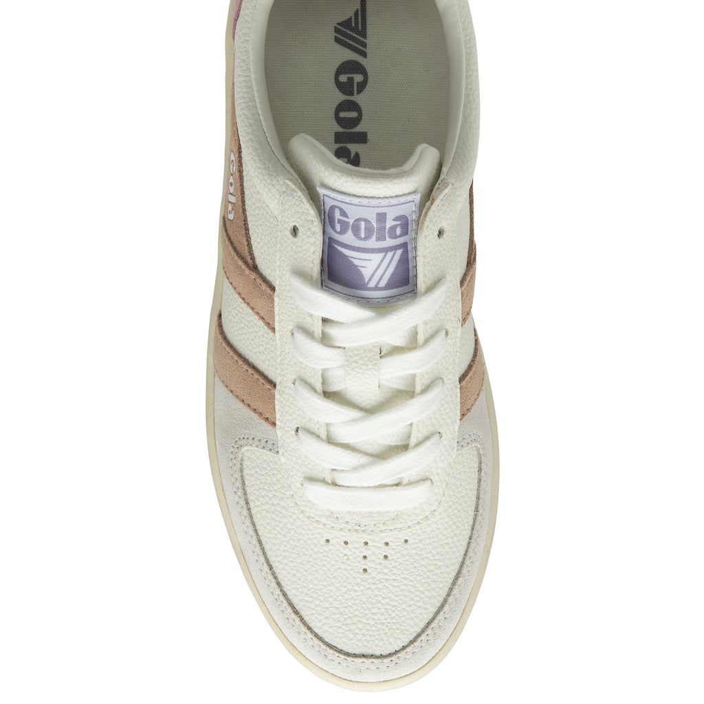 The top-down view of a white Gola sneaker with pink stripes and a purple tongue.