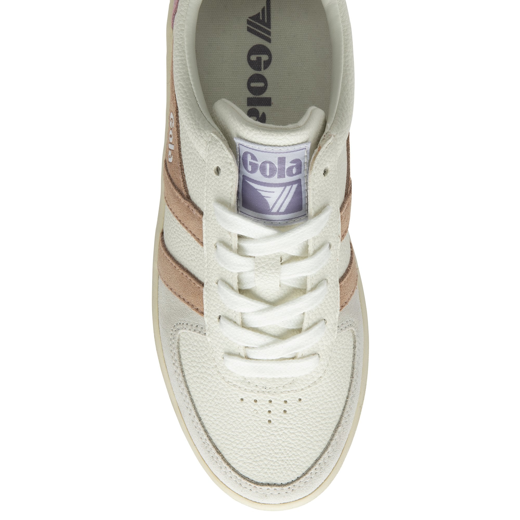 The top-down view of a white Gola sneaker with pink stripes and a purple tongue.