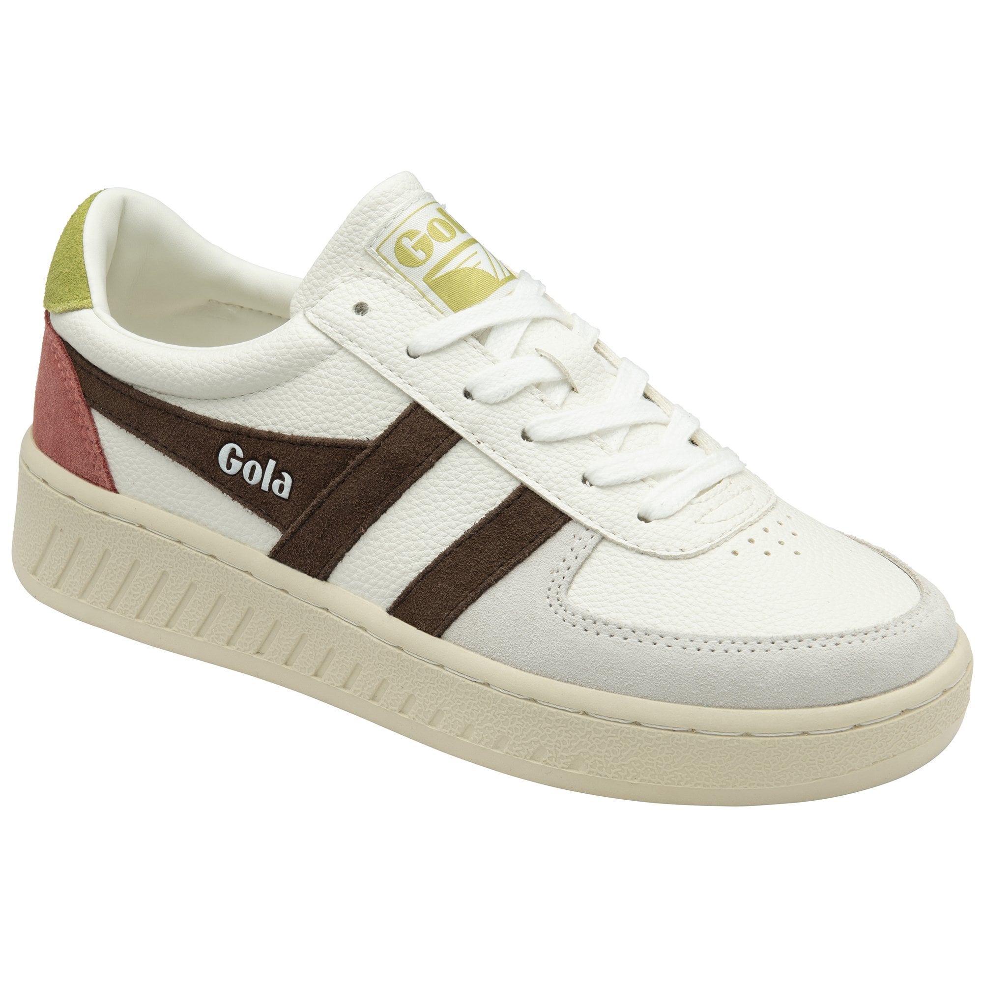 A white Gola sneaker with brown stripes and a pink and green heel detail.