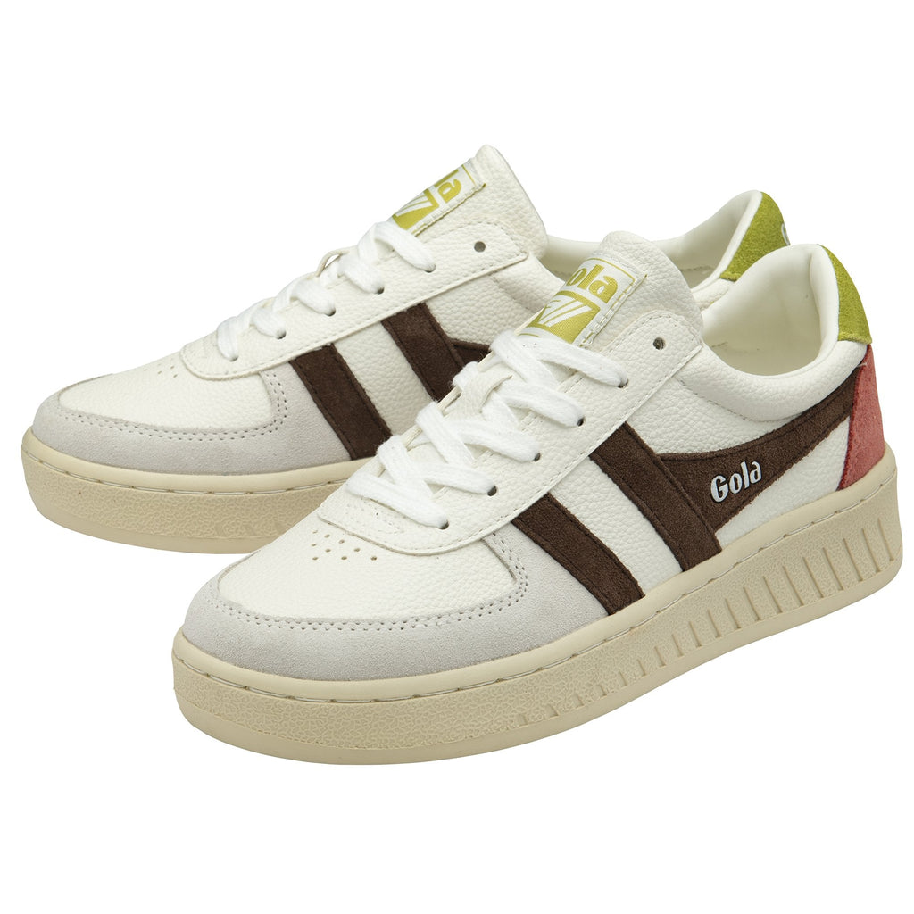 A pair of white Gola sneakers with brown stripes and colorful heel accents.