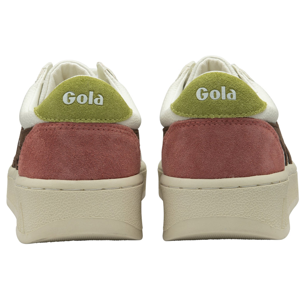 Rear view of two white Gola sneakers with green and pink heel panels.