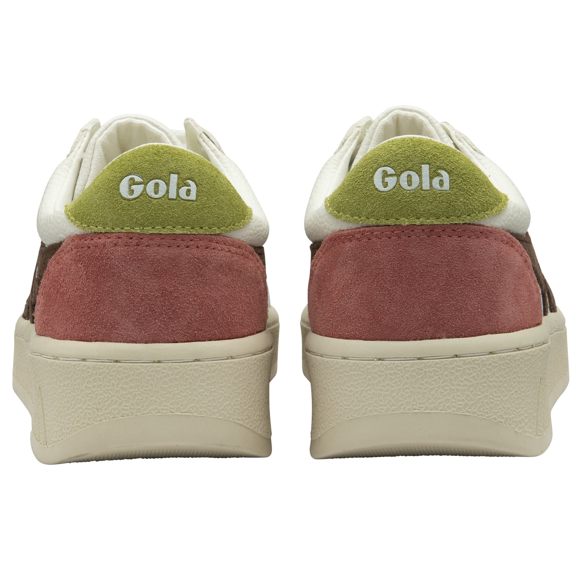 Rear view of two white Gola sneakers with green and pink heel panels.