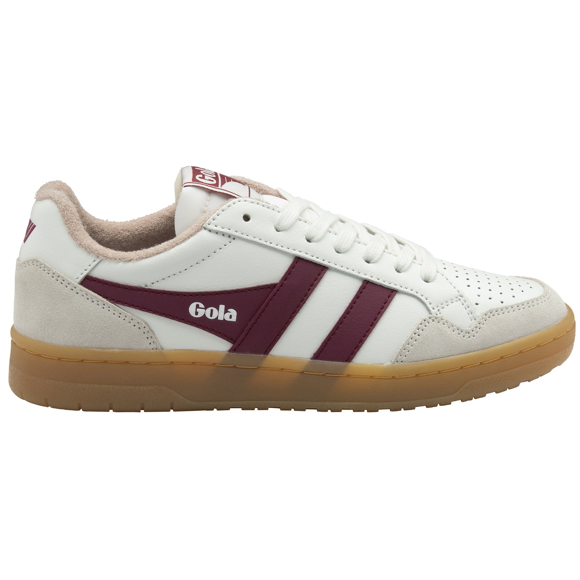 A white Gola sneaker with burgundy stripes and a gum sole, viewed from the right side.