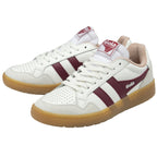 A pair of white Gola sneakers with burgundy stripes and gum soles, positioned at an angle.