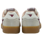The back view of a pair of white Gola sneakers with burgundy heel accents and gum soles.