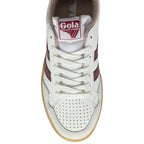 The top-down view of a white Gola sneaker with burgundy stripes, white laces, and a gum sole.