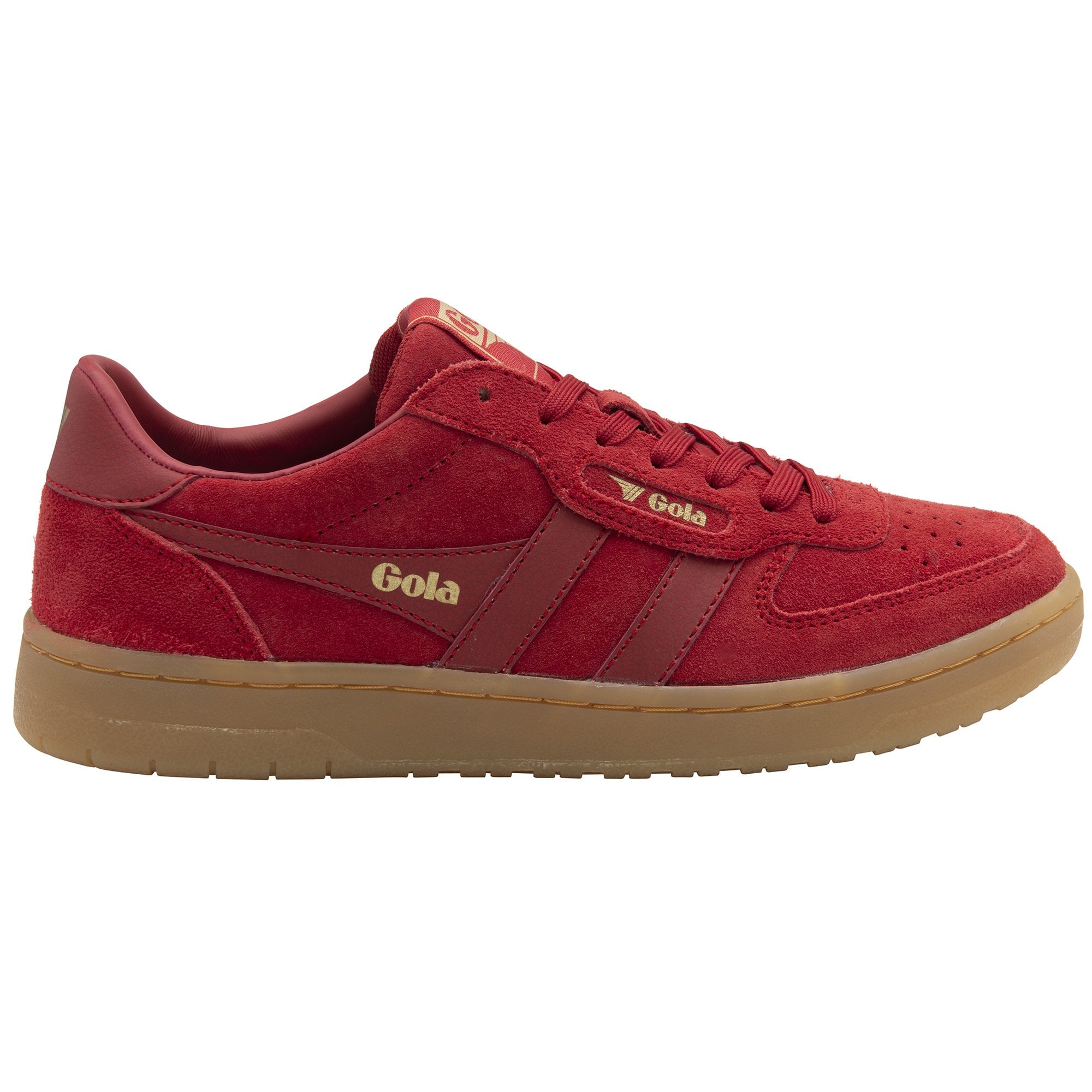 A red Gola sneaker with a gum sole, viewed from the side.