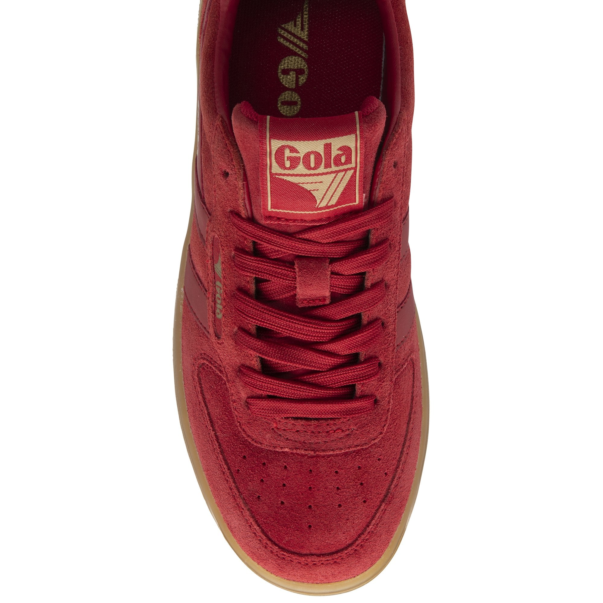 Top-down view of a red Gola sneaker with a gum sole and red laces.